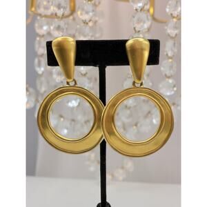 1980s ANNE KLEIN Brushed Gold Hoop Drop Clip On Earrings